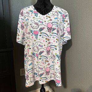 Hello Kitty Scrub Top 2XL Balloons Rainbows Hearts Candy Print Pink White Kawaii